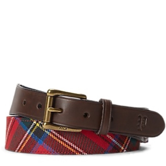 Polo Ralph Lauren Men’s Small Leather-Trim Belt Tartan Red Plaid